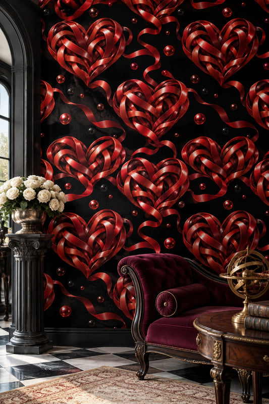 Red Woven Heart Ribbon Wallpaper Black Background
