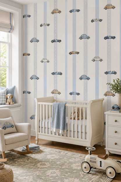Vintage Cars Wallpaper Road Lane Stripes In Cream And Light Blue