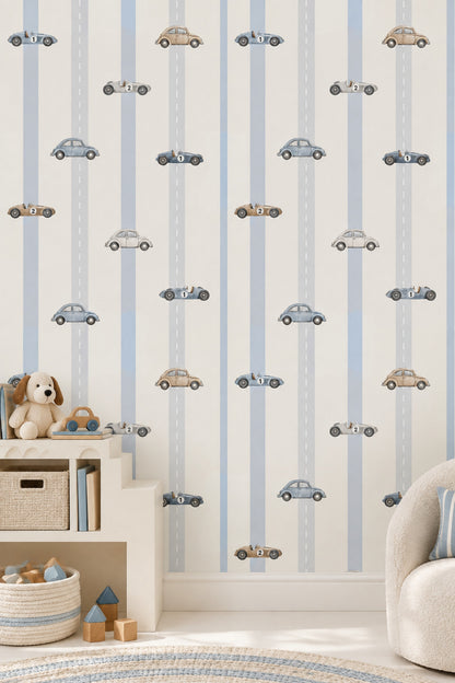 Vintage Cars Wallpaper Road Lane Stripes In Cream And Light Blue