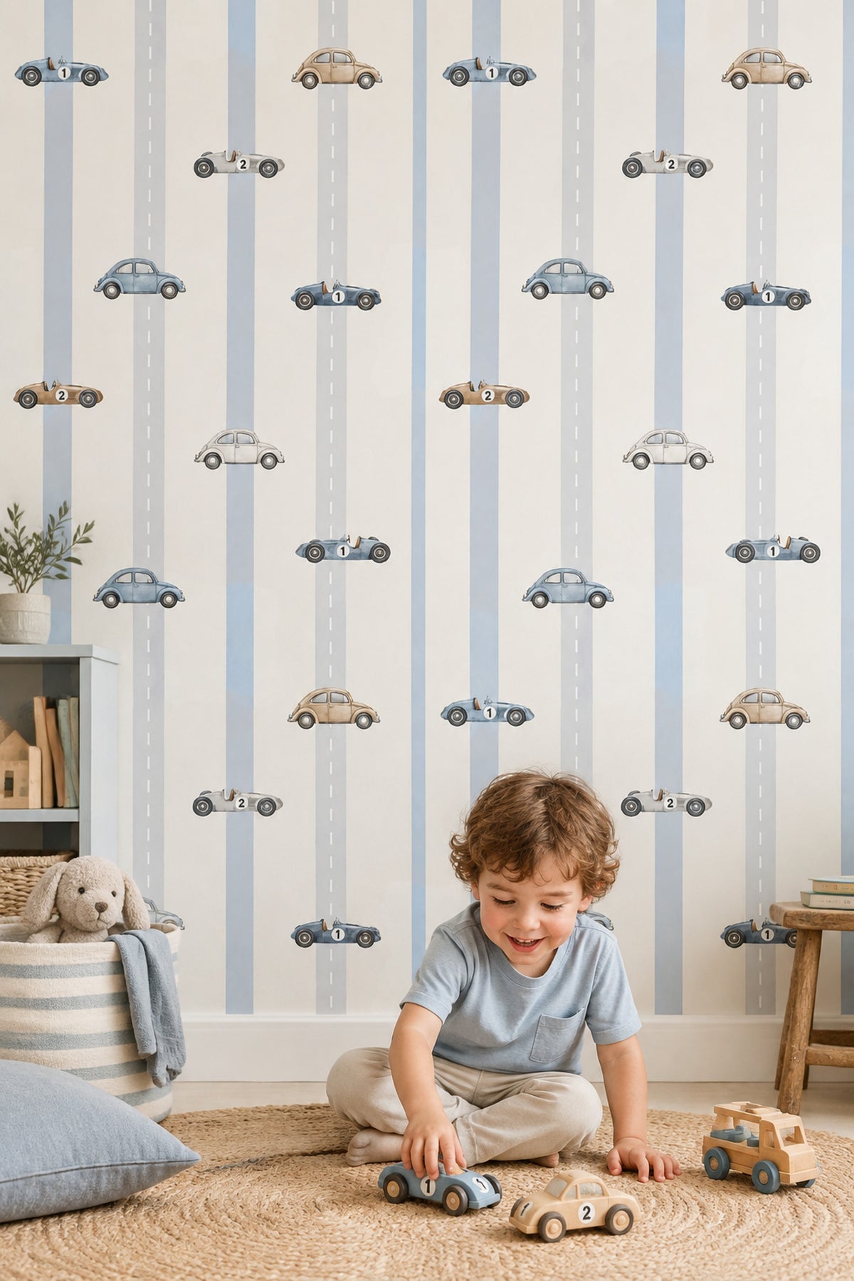 Vintage Cars Wallpaper Road Lane Stripes In Cream And Light Blue