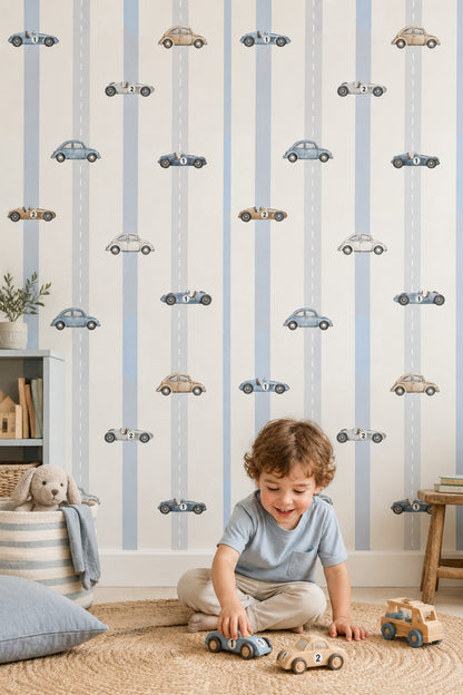 Vintage Cars Wallpaper Road Lane Stripes In Cream And Light Blue
