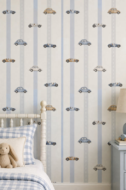 Vintage Cars Wallpaper Road Lane Stripes In Cream And Light Blue