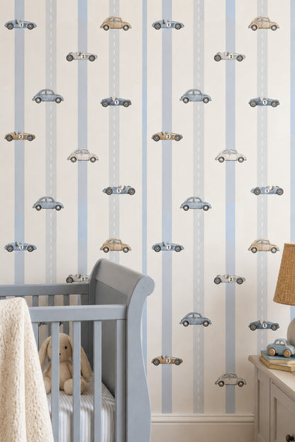 Vintage Cars Wallpaper Road Lane Stripes In Cream And Light Blue