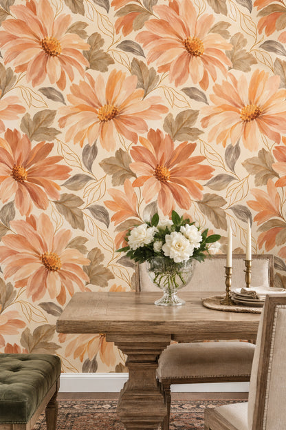 Daisy Flowers Wallpaper Peach Orange Watercolor Floral