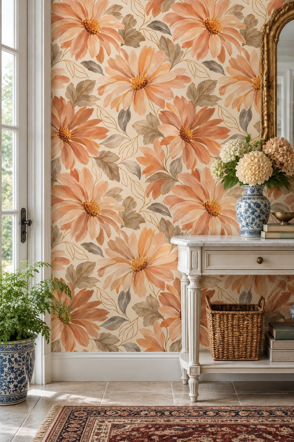 Daisy Flowers Wallpaper Peach Orange Watercolor Floral