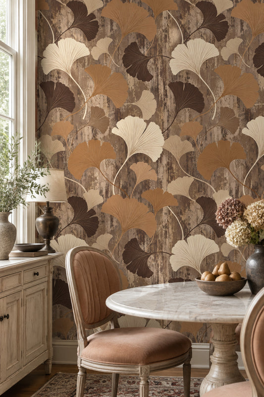 Ginkgo Leaves Wallpaper Vintage Botanical Brown Distressed Texture