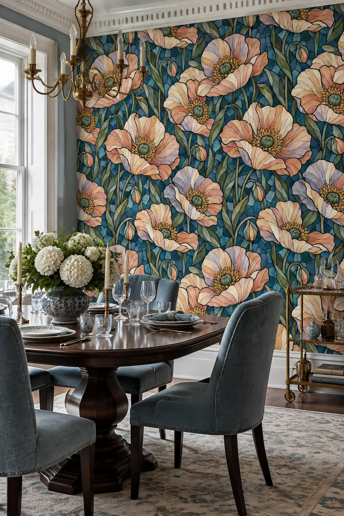 Stained Glass Floral Wallpaper Muted Green Dark Blue Mosaic