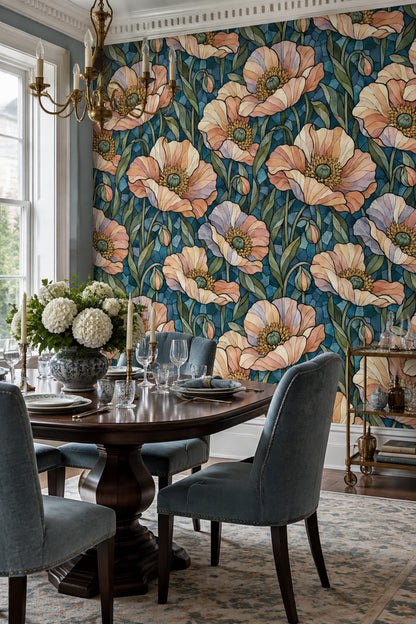 Stained Glass Floral Wallpaper Muted Green Dark Blue Mosaic