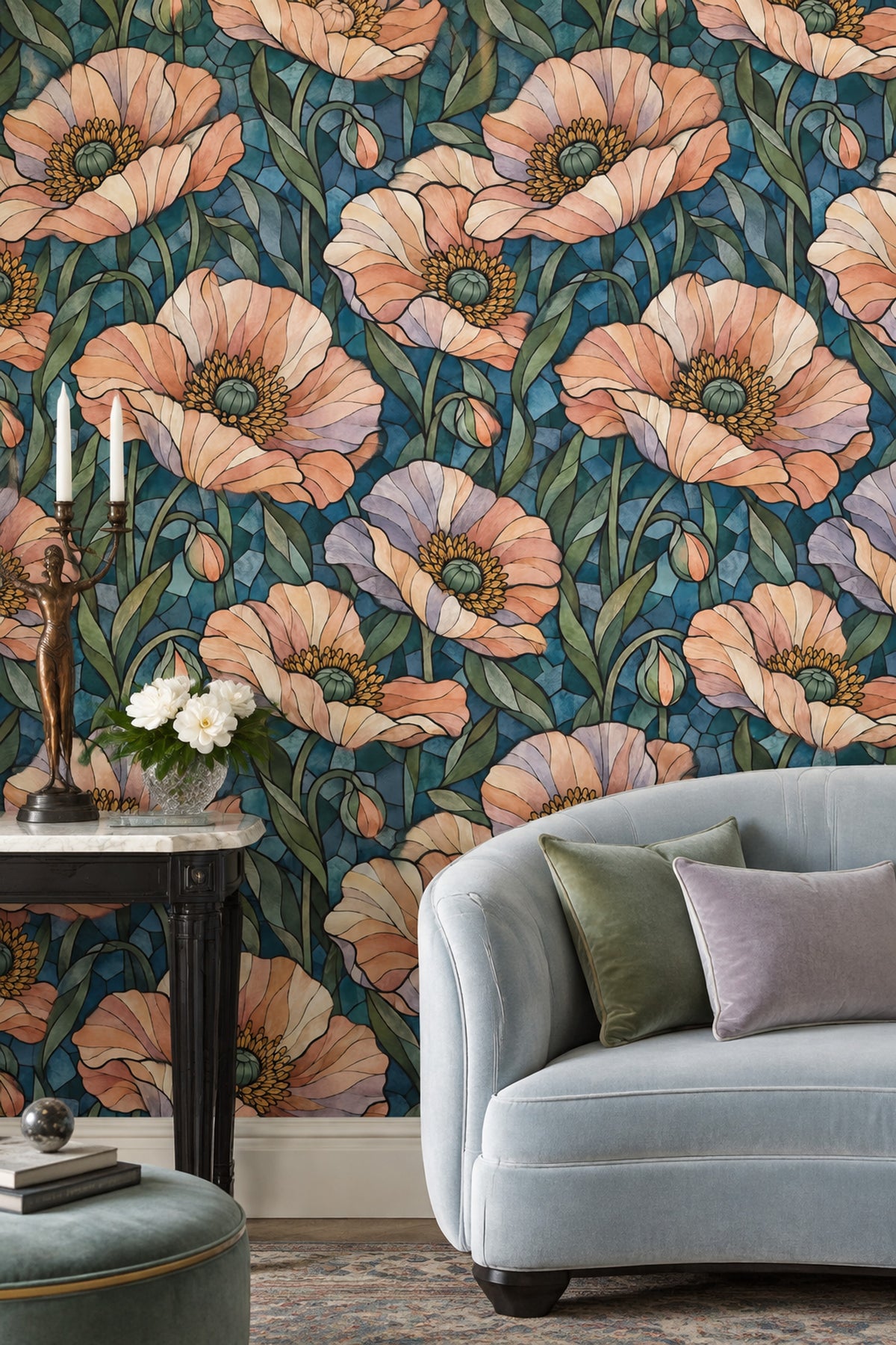 Stained Glass Floral Wallpaper Muted Green Dark Blue Mosaic