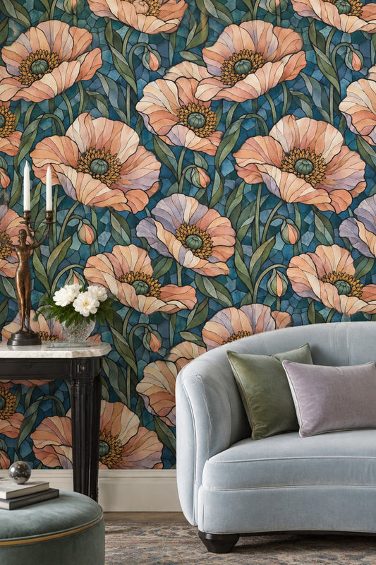 Stained Glass Floral Wallpaper Muted Green Dark Blue Mosaic