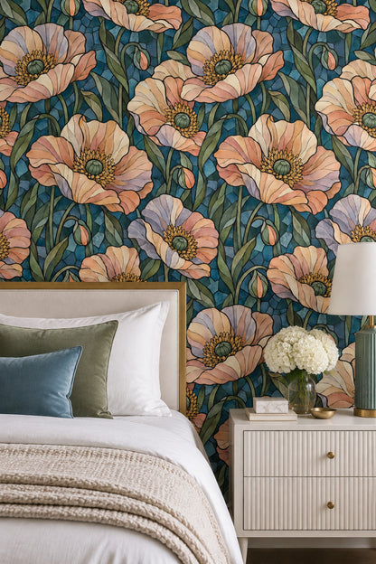 Stained Glass Floral Wallpaper Muted Green Dark Blue Mosaic