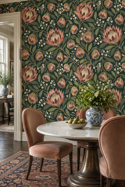 Large Floral Wallpaper Dark Teal Background