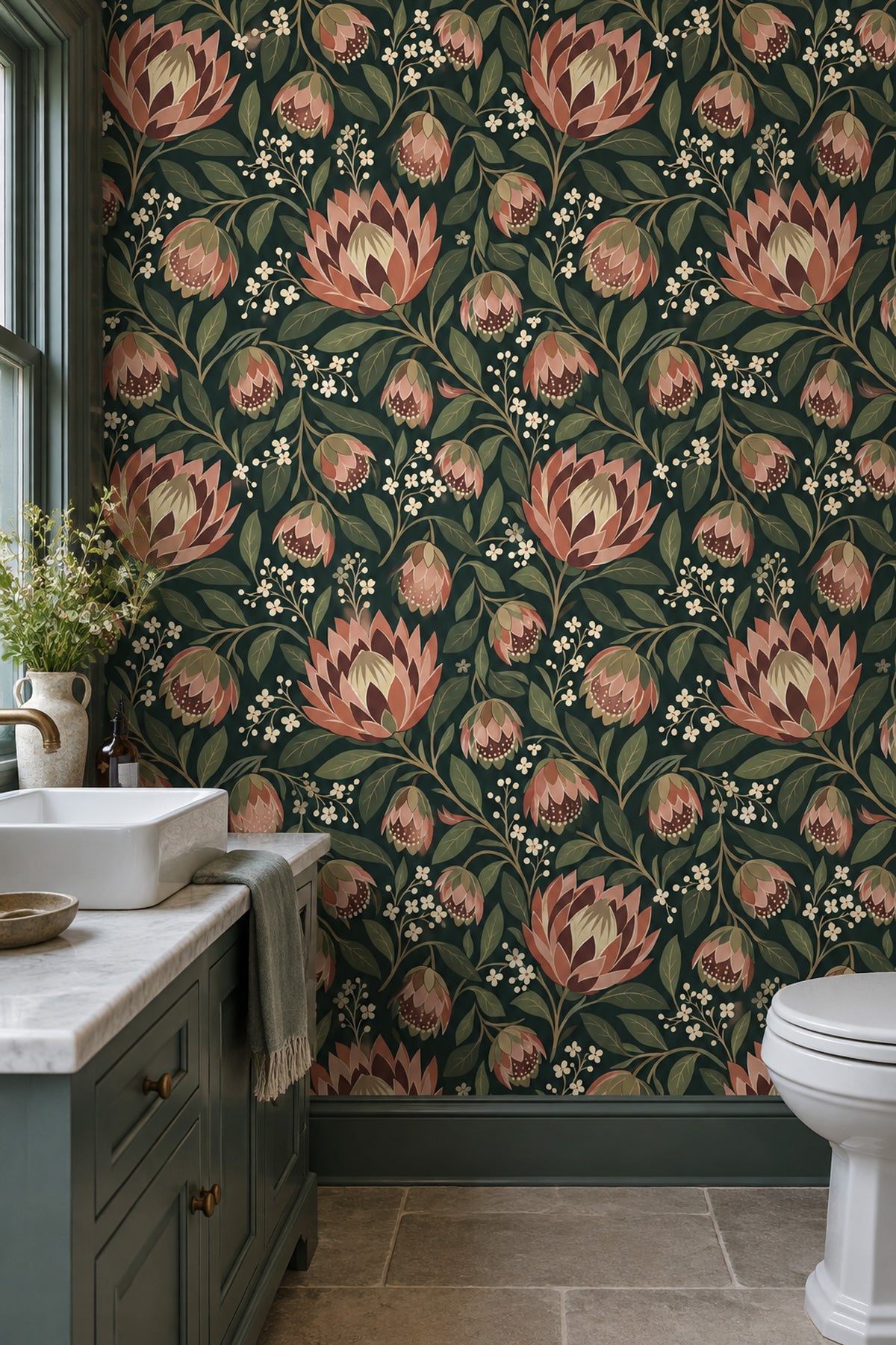 Large Floral Wallpaper Dark Teal Background