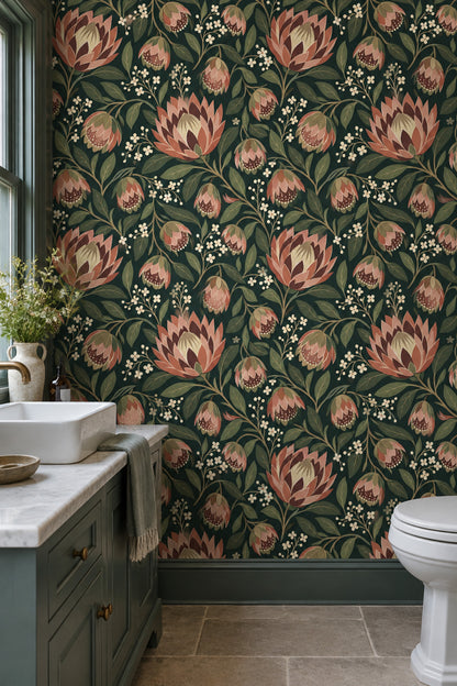 Large Floral Wallpaper Dark Teal Background