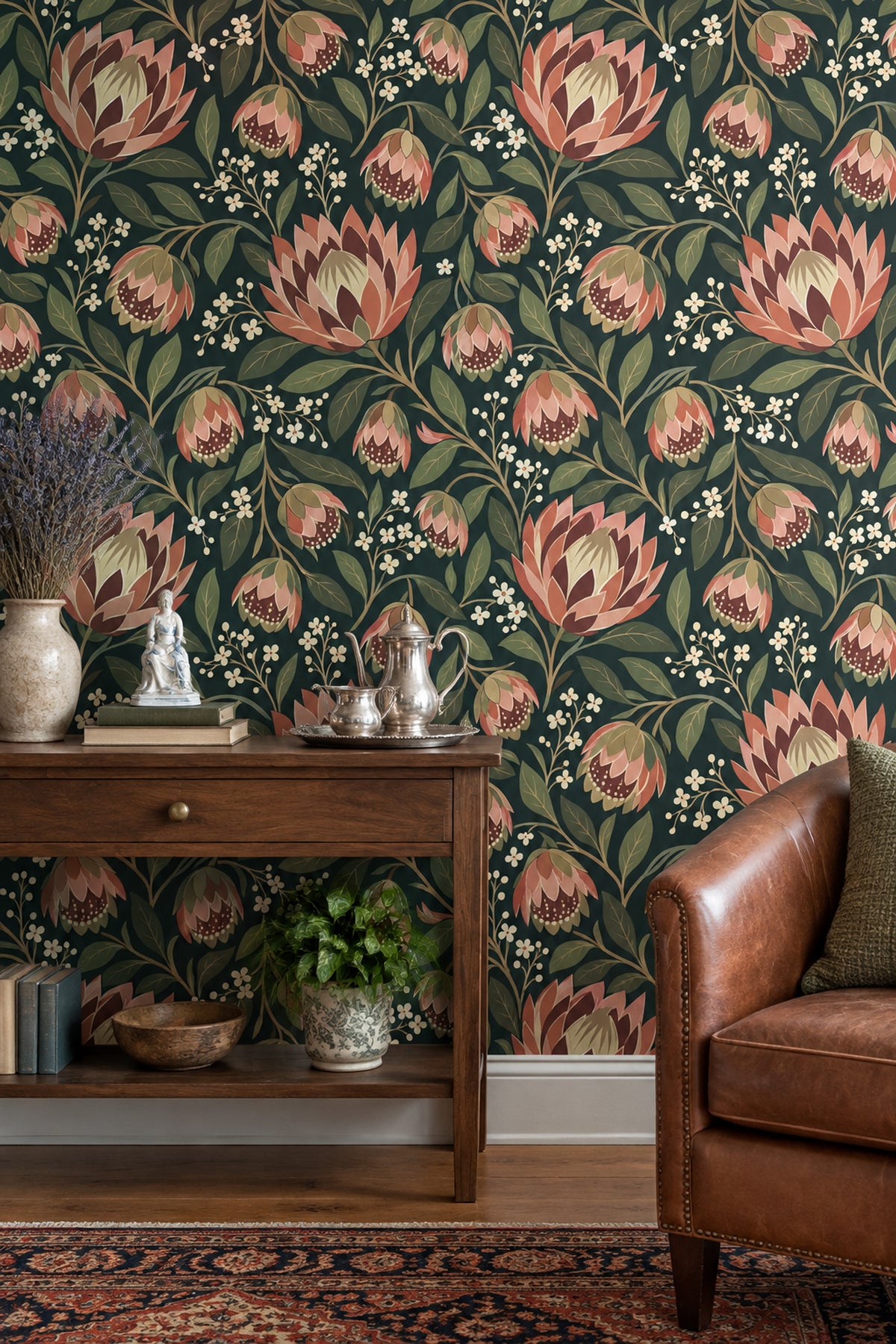 Large Floral Wallpaper Dark Teal Background