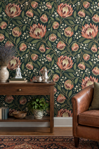 Large Floral Wallpaper Dark Teal Background