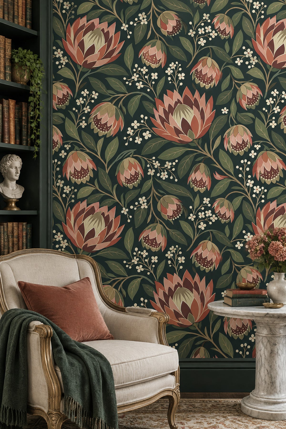 Large Floral Wallpaper Dark Teal Background