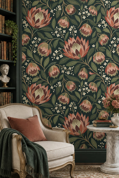 Large Floral Wallpaper Dark Teal Background