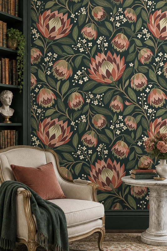 Large Floral Wallpaper Dark Teal Background