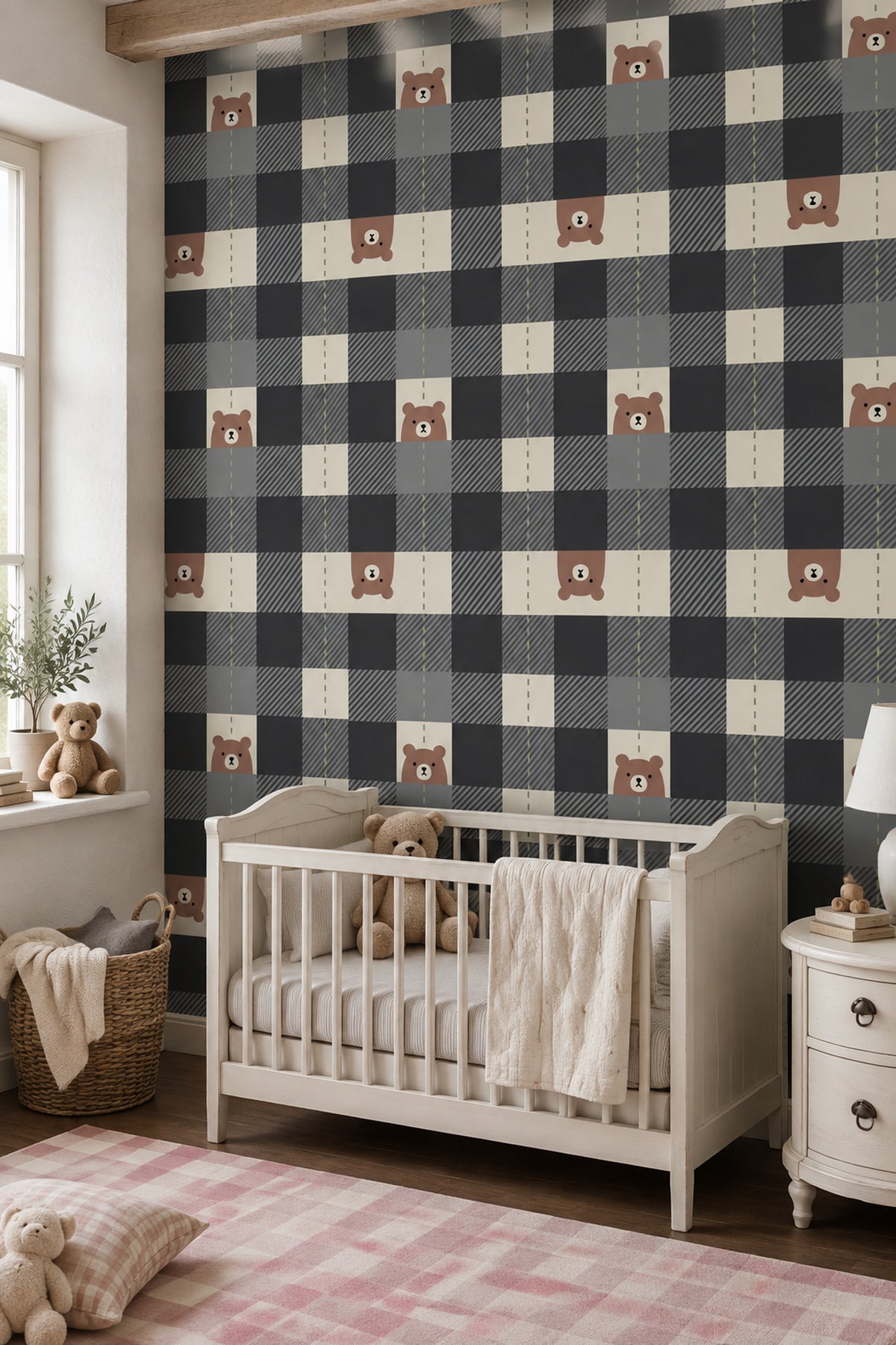 Bear Face Wallpaper Muted Green Checkered Blocks