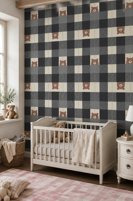Bear Face Wallpaper Muted Green Checkered Blocks