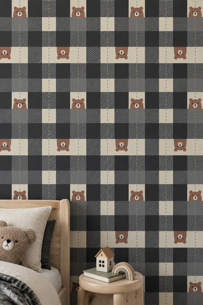 Bear Face Wallpaper Muted Green Checkered Blocks
