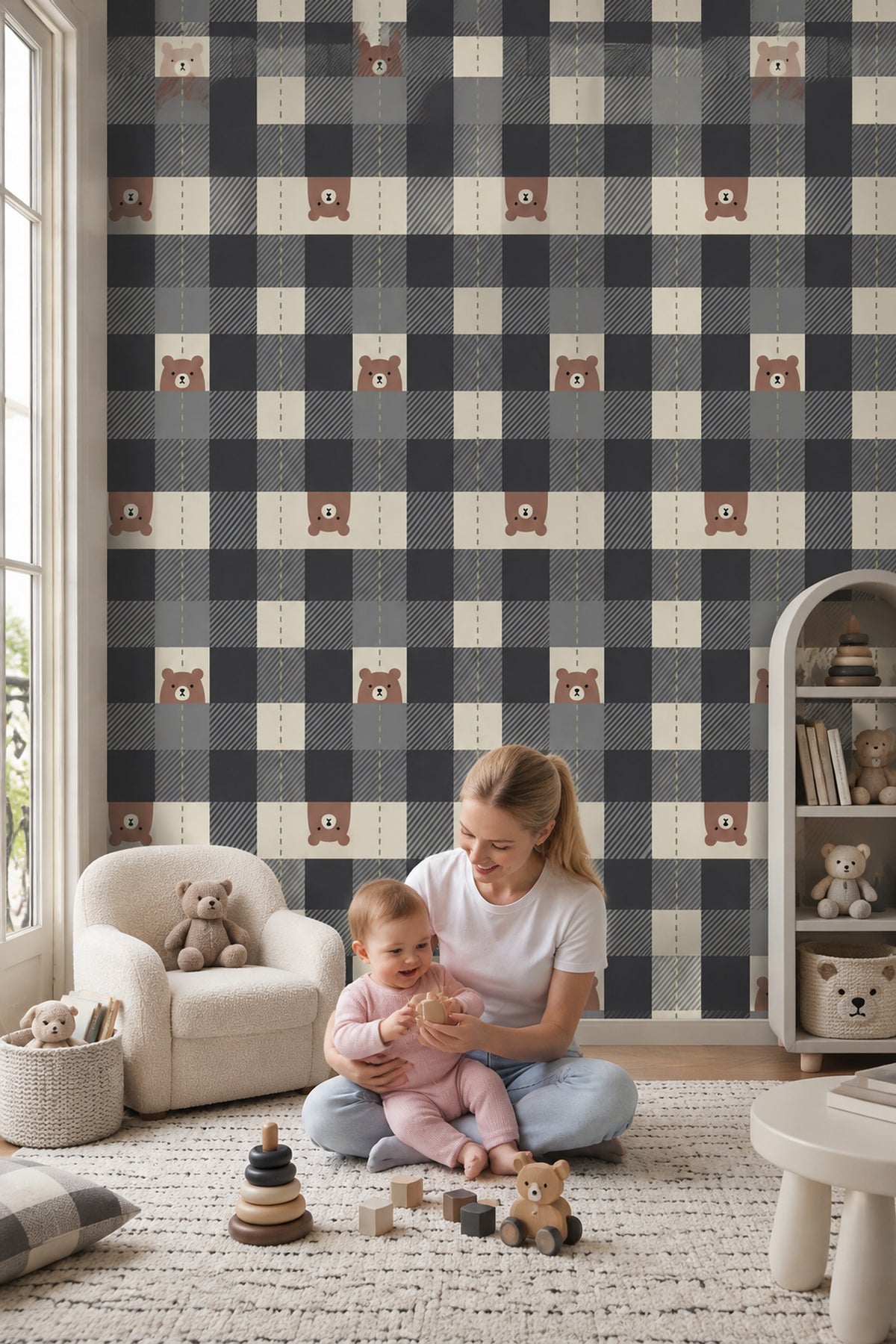 Bear Face Wallpaper Muted Green Checkered Blocks