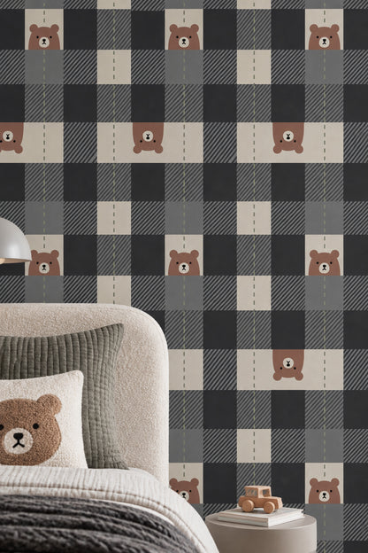 Bear Face Wallpaper Muted Green Checkered Blocks