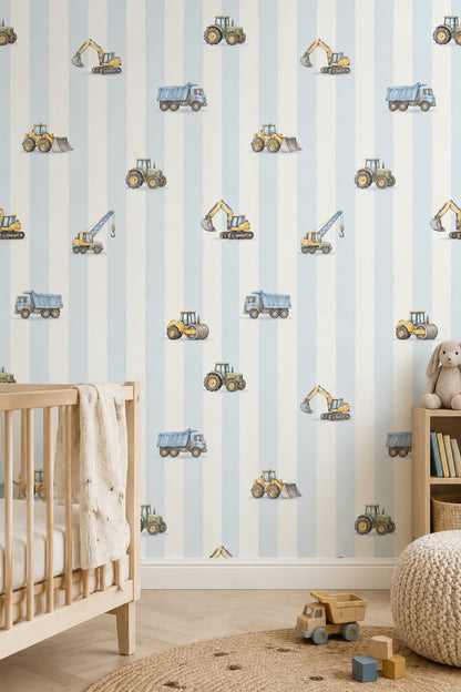 Construction Vehicles Wallpaper Watercolor Striped Pattern