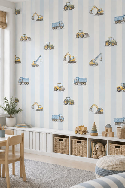 Construction Vehicles Wallpaper Watercolor Striped Pattern