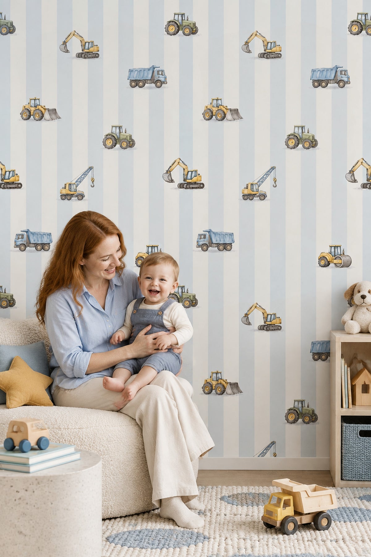 Construction Vehicles Wallpaper Watercolor Striped Pattern