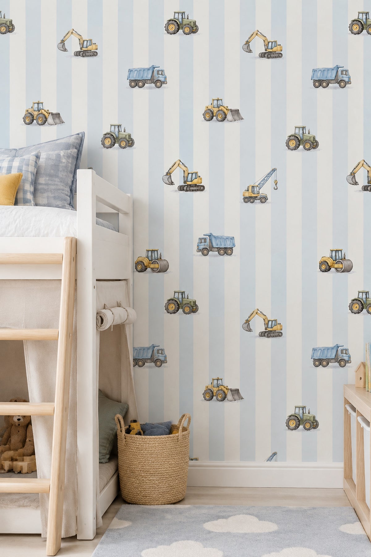 Construction Vehicles Wallpaper Watercolor Striped Pattern