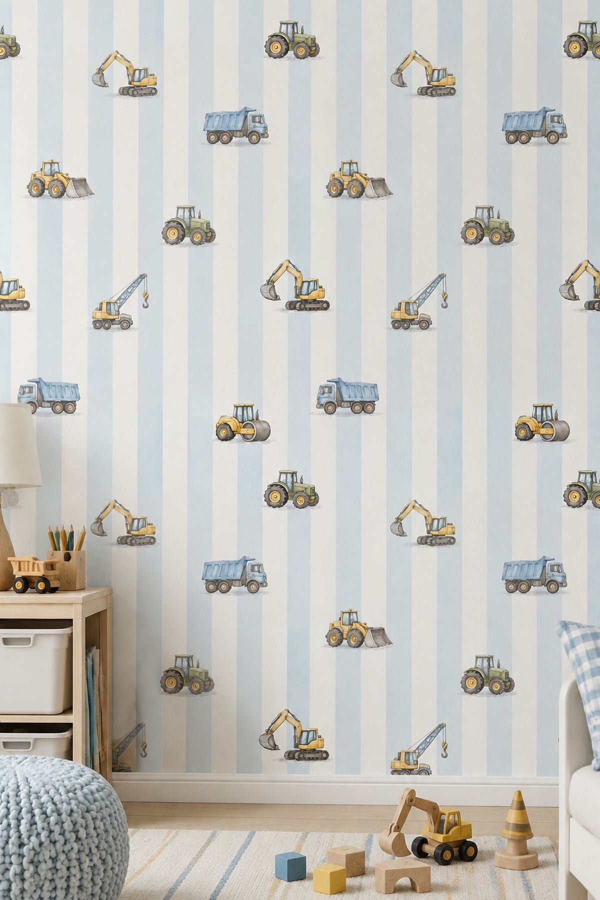 Construction Vehicles Wallpaper Watercolor Striped Pattern
