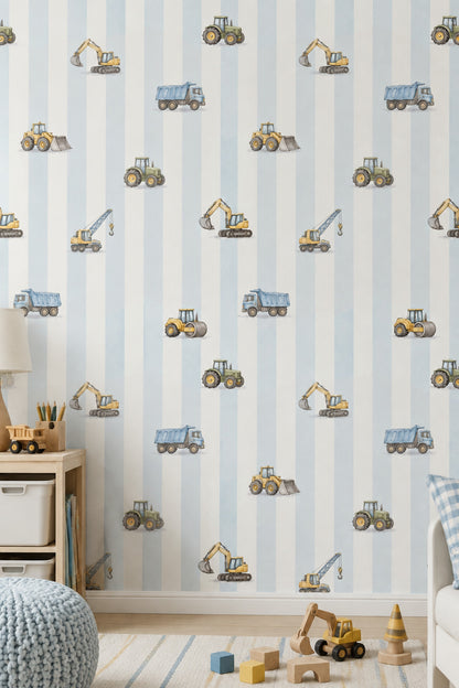 Construction Vehicles Wallpaper Watercolor Striped Pattern