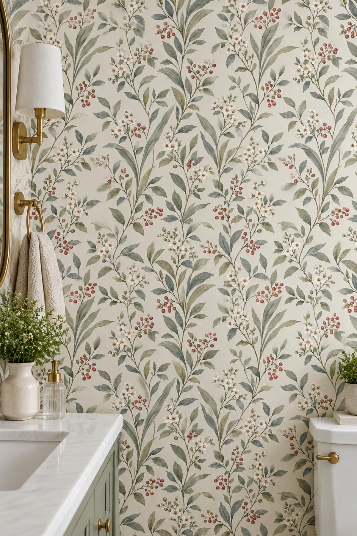 Botanical Vines Wallpaper White Flowers Red Berries Ivory Background