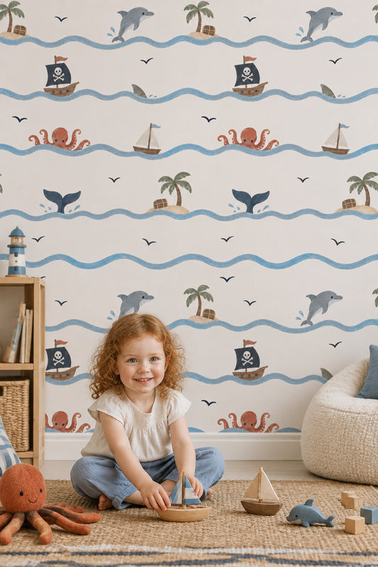 Pirate Ship Wallpaper Pastel Ocean Waves