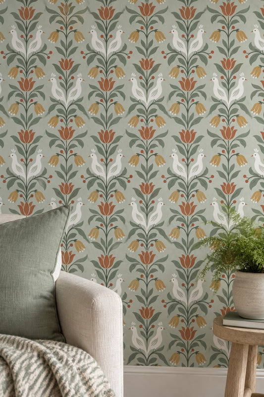 White Birds Wallpaper Symmetrical Folk Floral In Sage Green