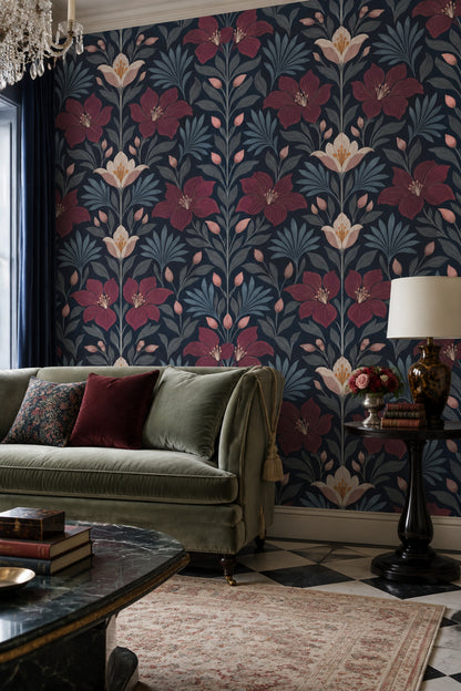 Large Floral Wallpaper Dark Navy Botanical Pattern