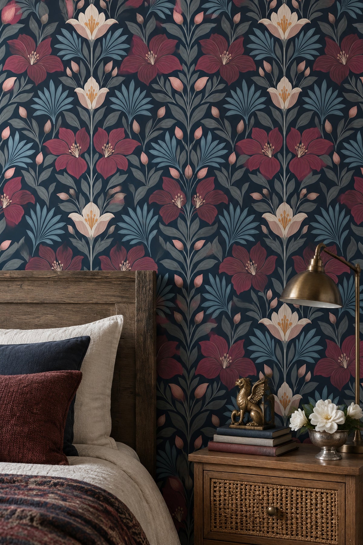 Large Floral Wallpaper Dark Navy Botanical Pattern