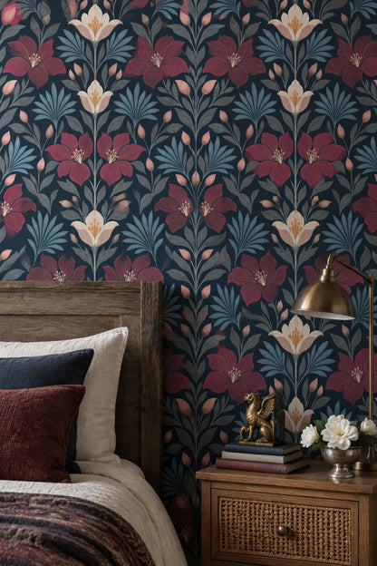 Large Floral Wallpaper Dark Navy Botanical Pattern