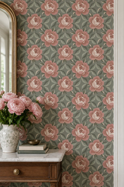 Rose And Peony Wallpaper Sage Green Blush Pink Pattern