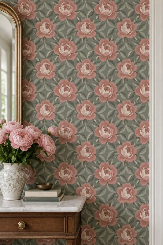 Rose And Peony Wallpaper Sage Green Blush Pink Pattern