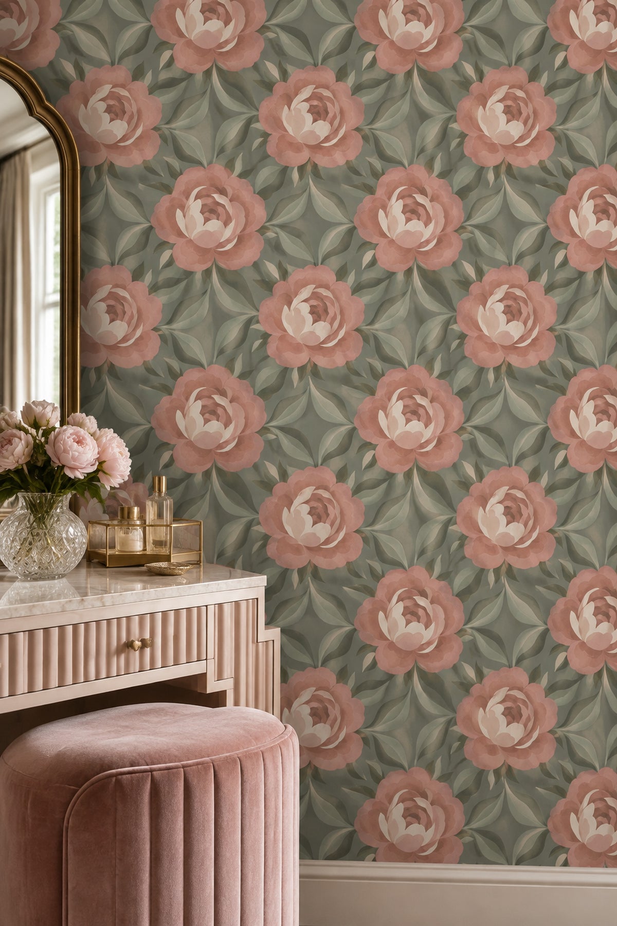 Rose And Peony Wallpaper Sage Green Blush Pink Pattern