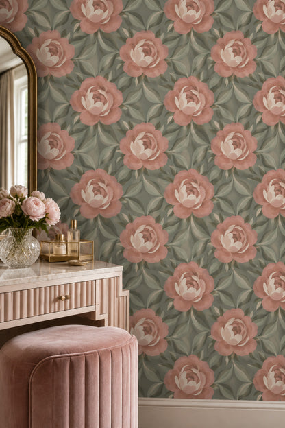 Rose And Peony Wallpaper Sage Green Blush Pink Pattern