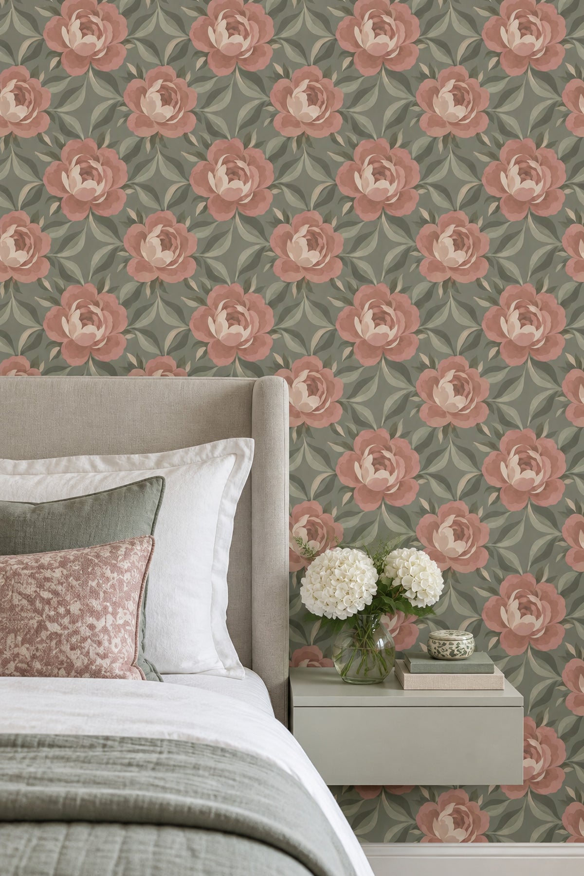 Rose And Peony Wallpaper Sage Green Blush Pink Pattern