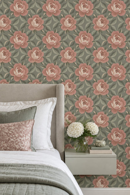 Rose And Peony Wallpaper Sage Green Blush Pink Pattern