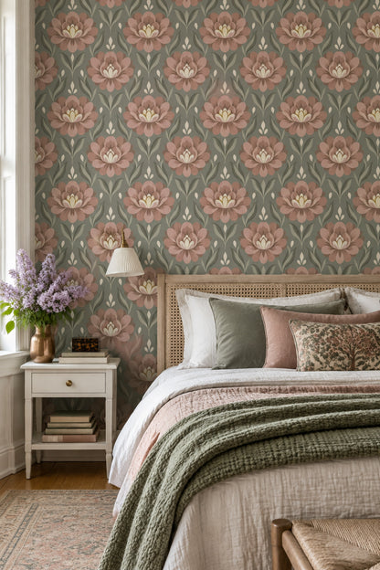 Pink Blossom Wallpaper Symmetrical Sage Green Floral