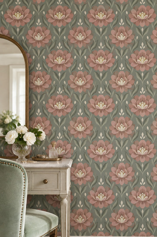 Pink Blossom Wallpaper Symmetrical Sage Green Floral