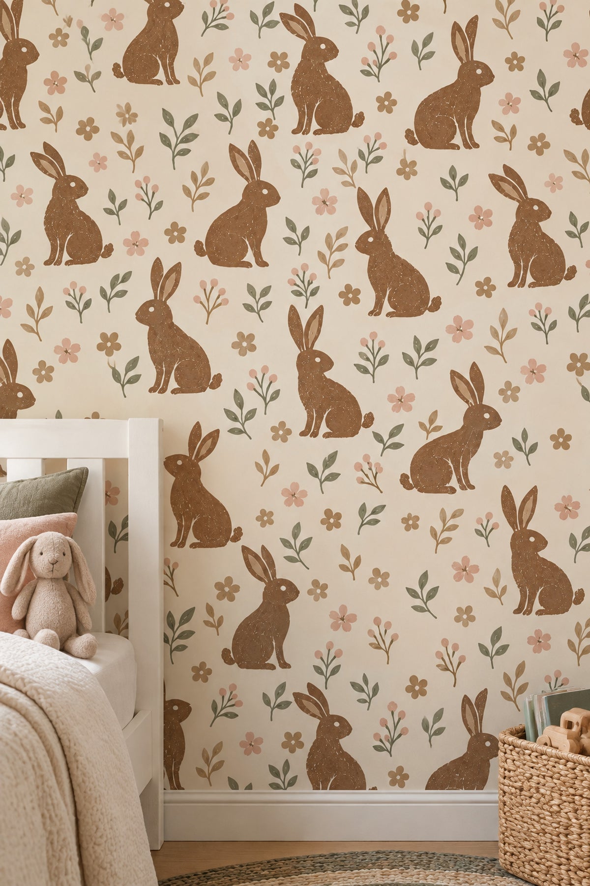 Bunny Wallpaper Vintage Floral Botanical Cream Background