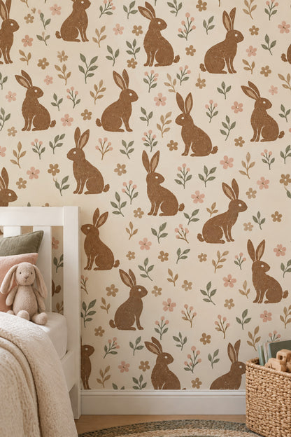 Bunny Wallpaper Vintage Floral Botanical Cream Background